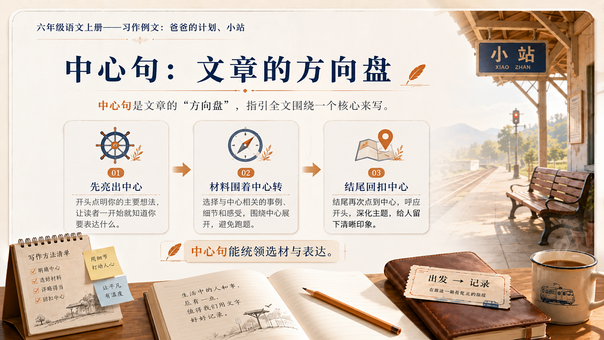 小学六年制统编教材系列课件——六年级语文上册：习作例文：爸爸的计划、小站第5页