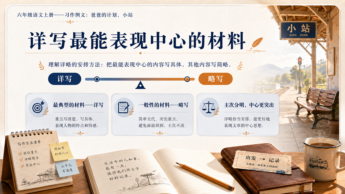 小学六年制统编教材系列课件——六年级语文上册：习作例文：爸爸的计划、小站第7页