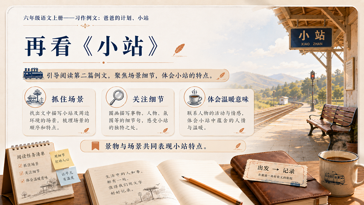小学六年制统编教材系列课件——六年级语文上册：习作例文：爸爸的计划、小站第8页