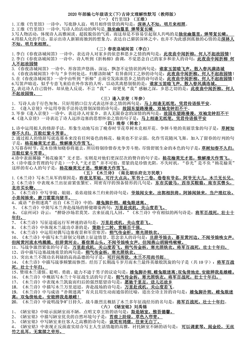 2020年部编版七（下）古诗文默写题(教师版)第1页
