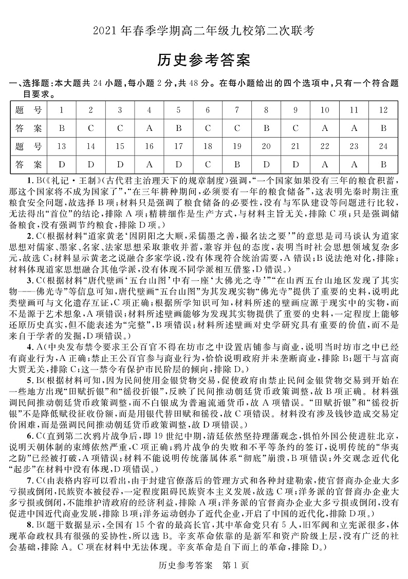 2020-2021学年广西河池市九校高二下学期第二次联考历史试题 PDF版01