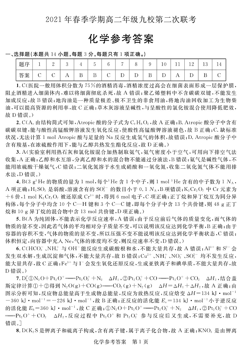 2020-2021学年广西河池市九校高二下学期第二次联考化学试题 PDF版01