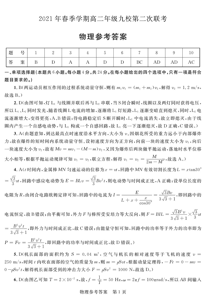 2020-2021学年广西河池市九校高二下学期第二次联考物理试题 pdf版01